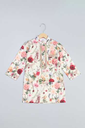 Buy_The Little Tales_Multi Color Silk, Cotton Floral Print Kurta And Pyjama Set 