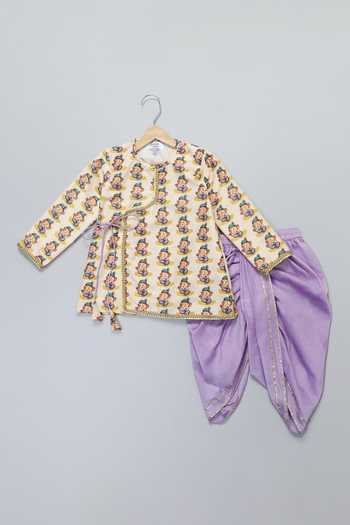 Buy_The Little Tales_Off White Silk, Cotton Lace Ganesh Print Kurta And Dhoti Pant Set 
