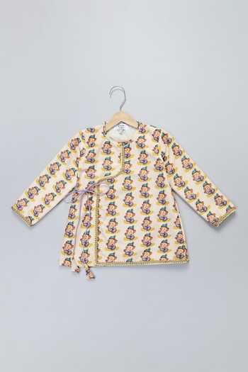 Shop_The Little Tales_Off White Silk, Cotton Lace Ganesh Print Kurta And Dhoti Pant Set 