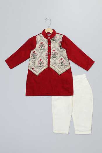 The Little Tales_Maroon Silk, Cotton Mughal Print Kurta And Pyjama Set _Online_at_Aza_Fashions