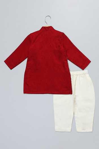 Buy_The Little Tales_Maroon Silk, Cotton Mughal Print Kurta And Pyjama Set _Online_at_Aza_Fashions