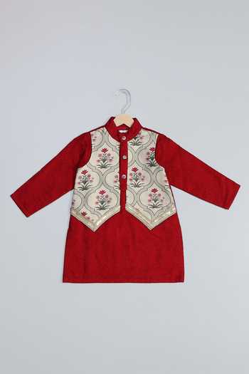 Shop_The Little Tales_Maroon Silk, Cotton Mughal Print Kurta And Pyjama Set _Online_at_Aza_Fashions