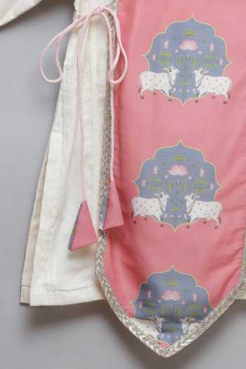 The Little Tales_Pink Silk, Cotton, Jacquard Lace Cow Print Kurta And Dhoti Pant Set _Online_at_Aza_Fashions