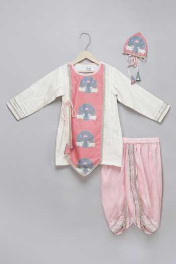 The Little Tales_Pink Silk, Cotton, Jacquard Lace Cow Print Kurta And Dhoti Pant Set _at_Aza_Fashions
