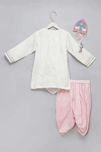 Buy_The Little Tales_Pink Silk, Cotton, Jacquard Lace Cow Print Kurta And Dhoti Pant Set 