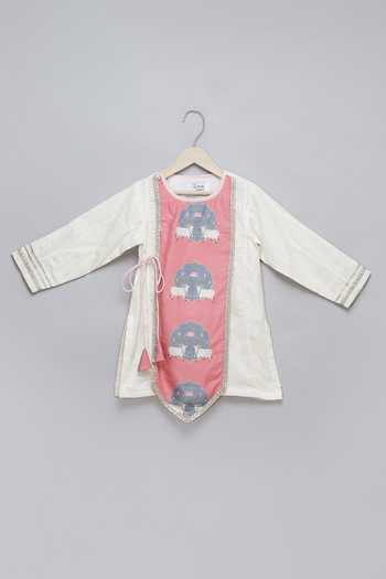 Shop_The Little Tales_Pink Silk, Cotton, Jacquard Lace Cow Print Kurta And Dhoti Pant Set 