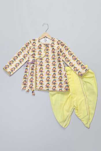 The Little Tales_Off White Silk, Cotton Lace Ganpati Print Kurta And Dhoti Pant Set _at_Aza_Fashions