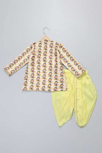 Buy_The Little Tales_Off White Silk, Cotton Lace Ganpati Print Kurta And Dhoti Pant Set 