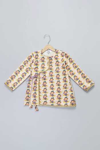Shop_The Little Tales_Off White Silk, Cotton Lace Ganpati Print Kurta And Dhoti Pant Set 