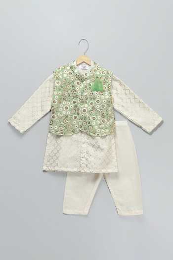 Buy_The Little Tales_Green Silk, Cotton, Georgette Sequin Embroidered Nehru Jacket And Kurta Set _Online_at_Aza_Fashions
