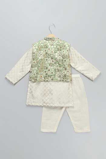 Shop_The Little Tales_Green Silk, Cotton, Georgette Sequin Embroidered Nehru Jacket And Kurta Set _Online_at_Aza_Fashions