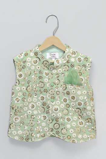The Little Tales_Green Silk, Cotton, Georgette Sequin Embroidered Nehru Jacket And Kurta Set _at_Aza_Fashions