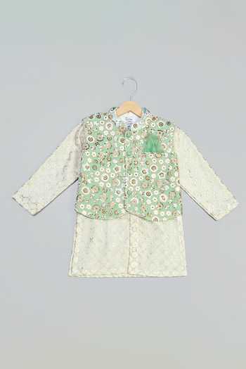 Buy_The Little Tales_Green Silk, Cotton, Georgette Sequin Embroidered Nehru Jacket And Kurta Set 
