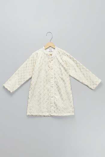 Shop_The Little Tales_Green Silk, Cotton, Georgette Sequin Embroidered Nehru Jacket And Kurta Set 