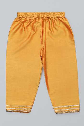 Buy_The Little Tales_Yellow Silk, Cotton Durga Ji Print Kurta And Pyjama Set _Online_at_Aza_Fashions