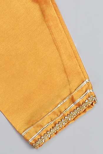 Shop_The Little Tales_Yellow Silk, Cotton Durga Ji Print Kurta And Pyjama Set _Online_at_Aza_Fashions