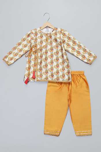 The Little Tales_Yellow Silk, Cotton Durga Ji Print Kurta And Pyjama Set _at_Aza_Fashions