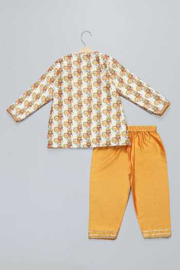 Buy_The Little Tales_Yellow Silk, Cotton Durga Ji Print Kurta And Pyjama Set 