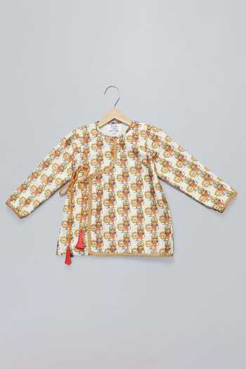 Shop_The Little Tales_Yellow Silk, Cotton Durga Ji Print Kurta And Pyjama Set 