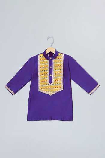 The Little Tales_Purple Silk, Cotton Embroidered Yoke Kurta With Pyjama _Online_at_Aza_Fashions