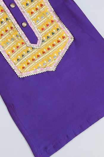 Shop_The Little Tales_Purple Silk, Cotton Embroidered Yoke Kurta With Pyjama _Online_at_Aza_Fashions