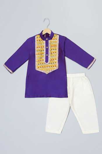 Buy_The Little Tales_Purple Silk, Cotton Embroidered Yoke Kurta With Pyjama 