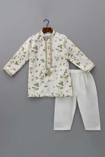 Buy_The Little Tales_Off White Silk, Cotton Floral Print Kurta With Pyjama _Online_at_Aza_Fashions