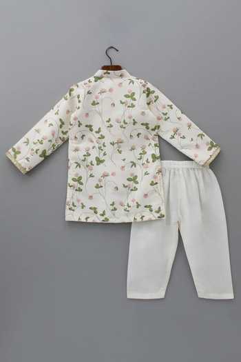 Shop_The Little Tales_Off White Silk, Cotton Floral Print Kurta With Pyjama _Online_at_Aza_Fashions