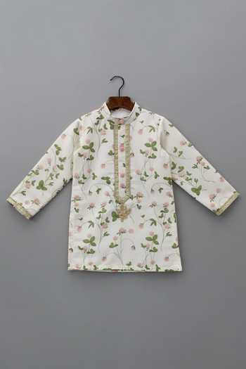The Little Tales_Off White Silk, Cotton Floral Print Kurta With Pyjama _at_Aza_Fashions