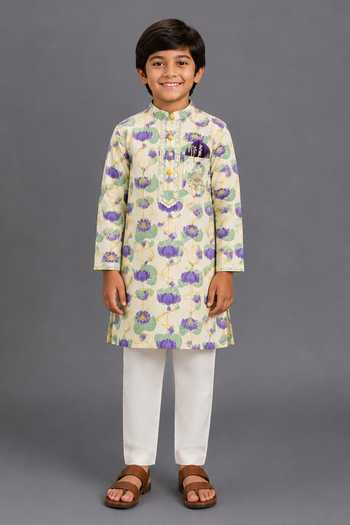 The Little Tales Gold Lotus Print Kurta Pyjama Set 