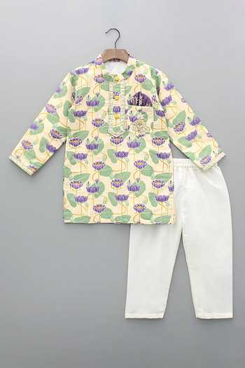 Buy_The Little Tales_Gold Silk, Cotton Lotus Print Kurta Pyjama Set _Online_at_Aza_Fashions