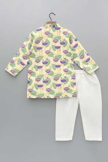 Shop_The Little Tales_Gold Silk, Cotton Lotus Print Kurta Pyjama Set _Online_at_Aza_Fashions