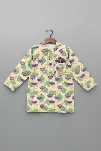 The Little Tales_Gold Silk, Cotton Lotus Print Kurta Pyjama Set _at_Aza_Fashions