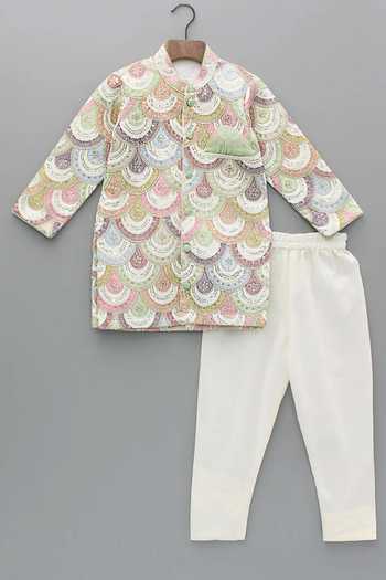 Buy_The Little Tales_Off White Silk, Cotton, Georgette Piping Embroidered Bandhgala And Pyjama Set _Online_at_Aza_Fashions