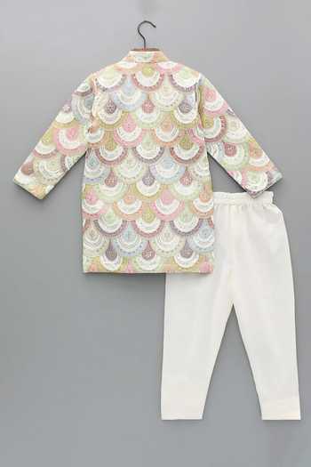 Shop_The Little Tales_Off White Silk, Cotton, Georgette Piping Embroidered Bandhgala And Pyjama Set _Online_at_Aza_Fashions