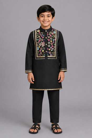 The Little Tales Floral Embroidered Yoke Kurta Pyjama Set 