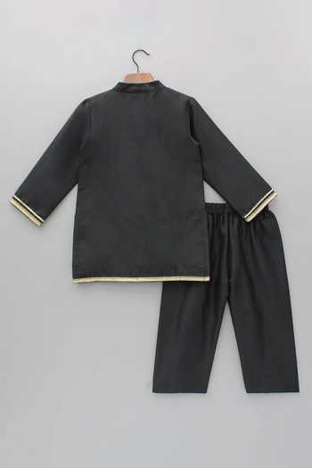 The Little Tales_Black Silk, Cotton Floral Embroidered Yoke Kurta Pyjama Set _Online_at_Aza_Fashions