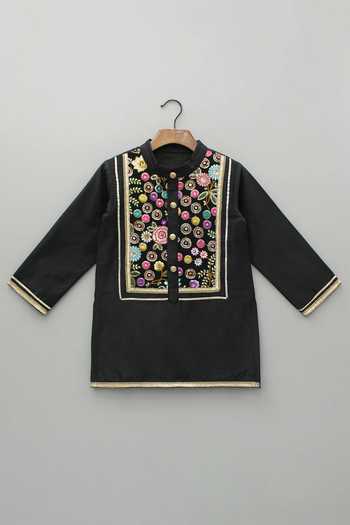Buy_The Little Tales_Black Silk, Cotton Floral Embroidered Yoke Kurta Pyjama Set _Online_at_Aza_Fashions