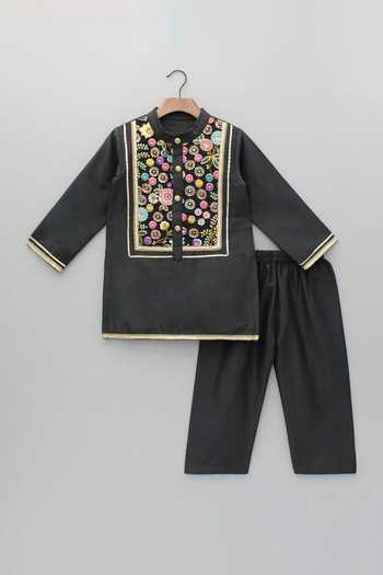 The Little Tales_Black Silk, Cotton Floral Embroidered Yoke Kurta Pyjama Set _at_Aza_Fashions