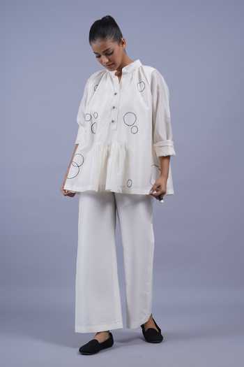 Taika By Poonam Bhagat Ivory Chanderi Mandarin Collar Discs Embroidered Short Top Online at Aza Fashions Taika By Poonam Bhagat_Ivory Chanderi Mandarin Collar Discs Embroidered Short Top _Online_at_Aza_Fashions