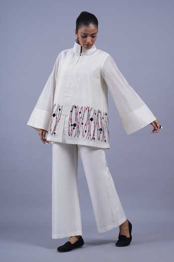 Shop_Taika By Poonam Bhagat_Ivory Chanderi Mandarin Collar Ribbons Border Embroidered Top _Online_at_Aza_Fashions