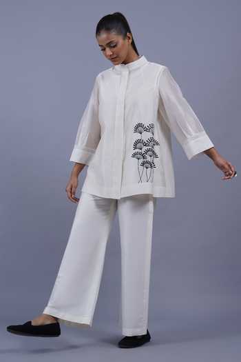 Taika By Poonam Bhagat_Ivory Chanderi Mandarin Collar White Fan Embroidered Top _Online_at_Aza_Fashions