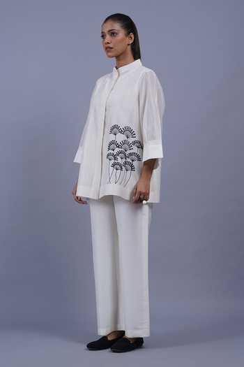 Buy_Taika By Poonam Bhagat_Ivory Chanderi Mandarin Collar White Fan Embroidered Top _Online_at_Aza_Fashions