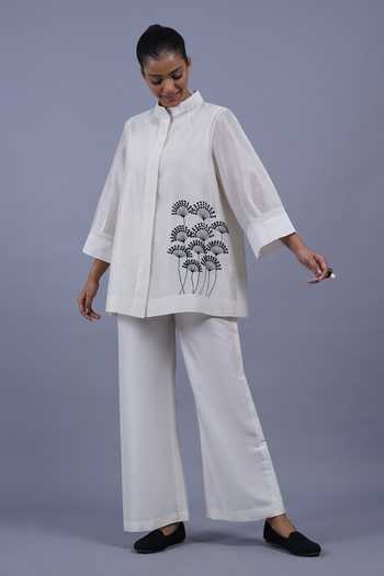 Shop_Taika By Poonam Bhagat_Ivory Chanderi Mandarin Collar White Fan Embroidered Top _Online_at_Aza_Fashions