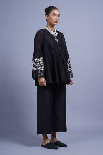 Shop Taika By Poonam Bhagat Black Chanderi Round Neck Fan Embroidered Top Online at Aza Fashions Shop_Taika By Poonam Bhagat_Black Chanderi Round Neck Fan Embroidered Top _Online_at_Aza_Fashions