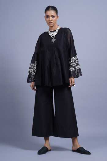 Taika By Poonam Bhagat Black Chanderi Round Neck Fan Embroidered Top at Aza Fashions Taika By Poonam Bhagat_Black Chanderi Round Neck Fan Embroidered Top _at_Aza_Fashions