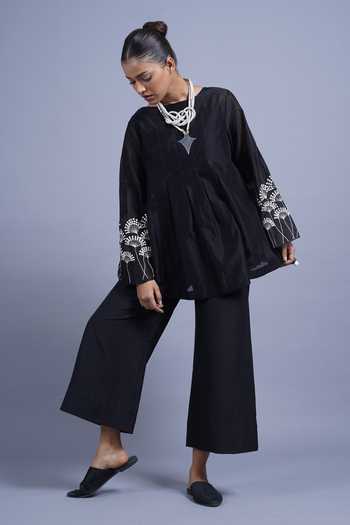 Buy Taika By Poonam Bhagat Black Chanderi Round Neck Fan Embroidered Top Buy_Taika By Poonam Bhagat_Black Chanderi Round Neck Fan Embroidered Top