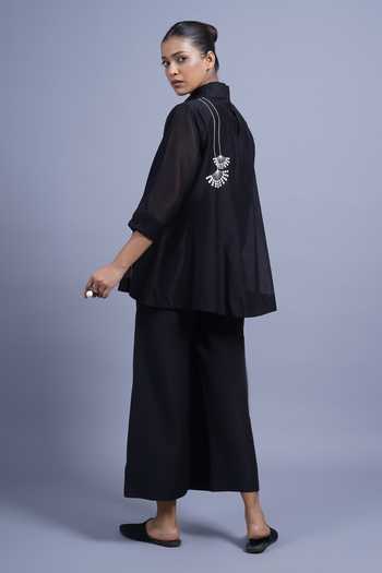 Buy_Taika By Poonam Bhagat_Black Chanderi Mandarin Collar Bouquet Placement Embroidered Top _Online_at_Aza_Fashions
