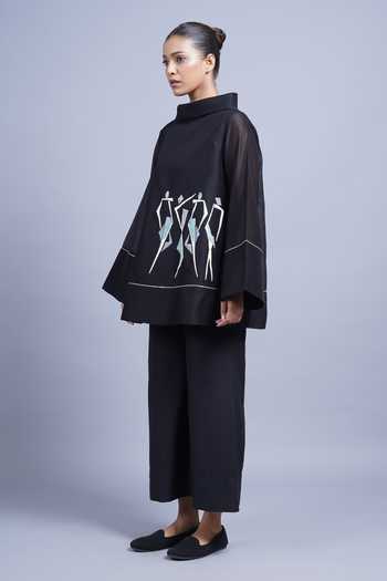 Taika By Poonam Bhagat_Black Chanderi High Neck Africa Embroidered Top _Online_at_Aza_Fashions