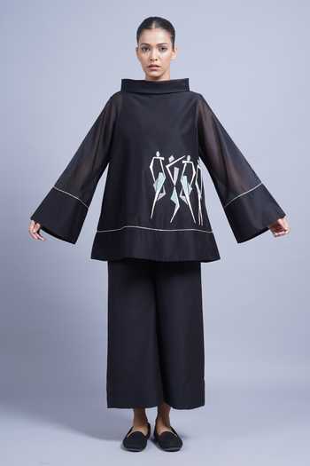 Shop_Taika By Poonam Bhagat_Black Chanderi High Neck Africa Embroidered Top _Online_at_Aza_Fashions